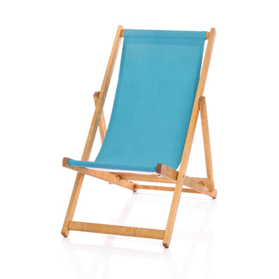 teal deck chair on sturdy wooden frame