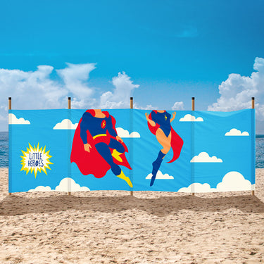 Windbreak with superhero | Cotton canvas, hardwood poles, traditional windbreak