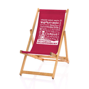 Claret red deckchair Somerset placenames